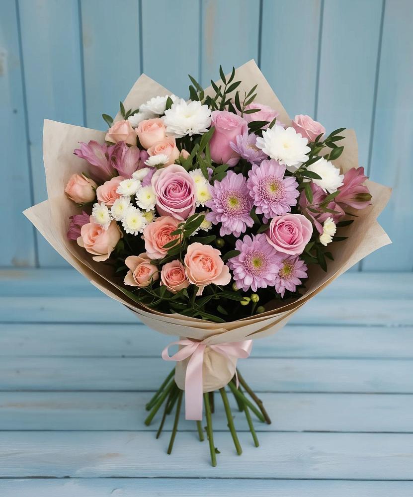 Букет цветов из: Хризантемы, Розы и Альстромерии в Самотовино