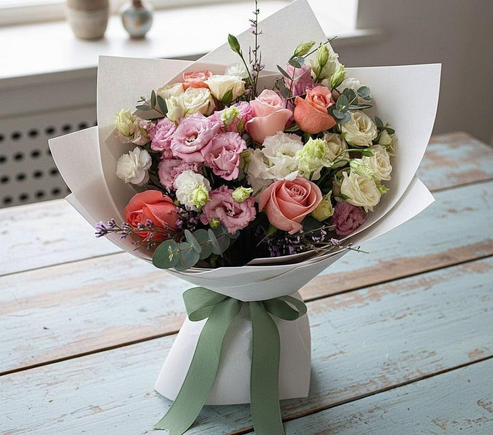 Букет цветов из: Розы, Лизиантусы и Гвоздики в Самотовино