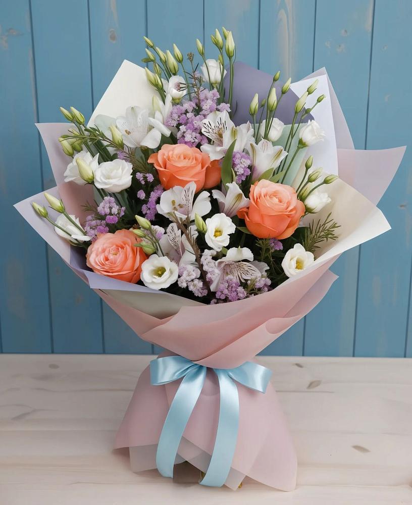 Букет цветов из: Лизиантусы, Розы, Альстромерии и Гипсофила в Самотовино