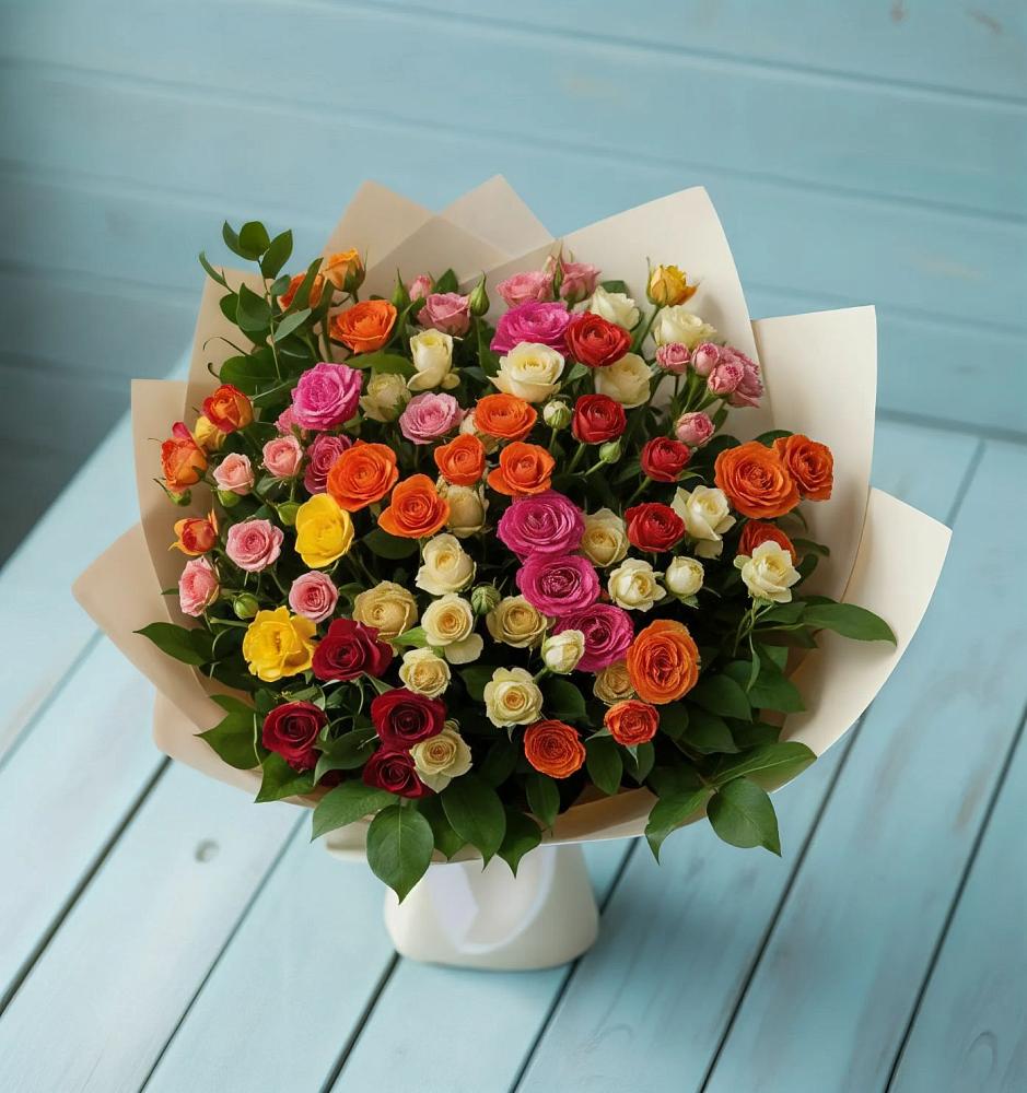 Букет Микс из разноцветных кустовых роз в Самотовино
