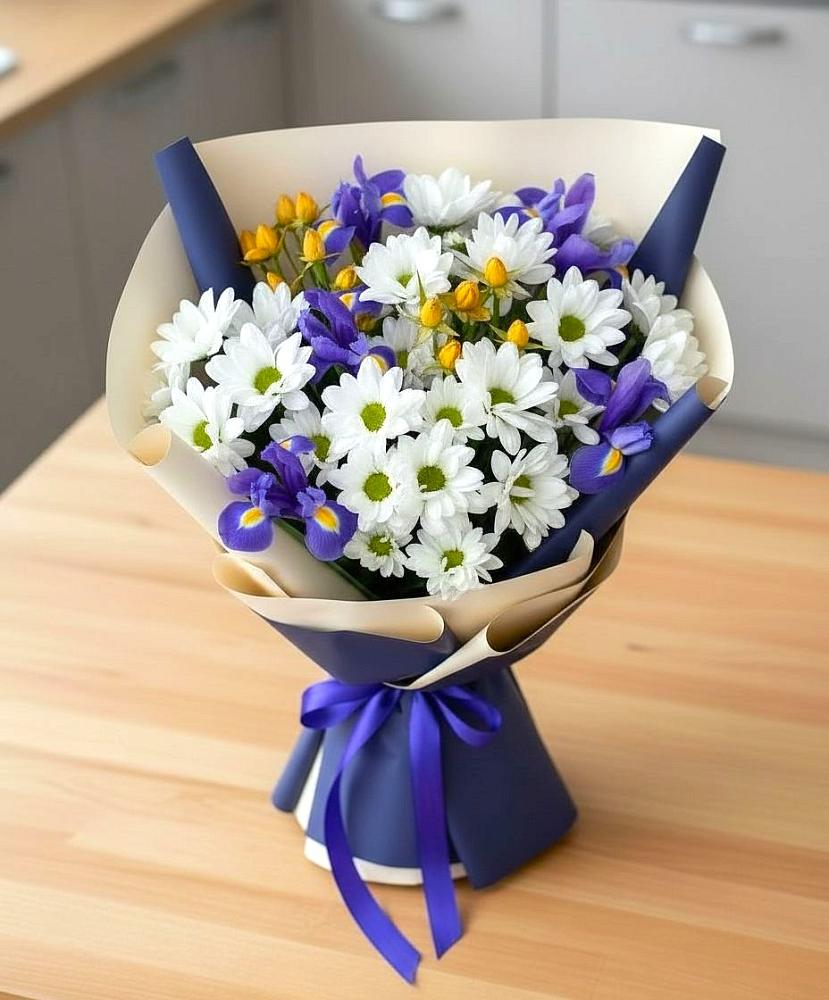 Букет цветов из: Розы, Ирисы и Хризантемы в Самотовино