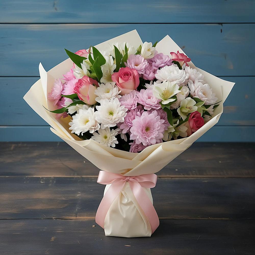 Букет цветов из: Хризантемы, Альстромерии и Розы в Самотовино